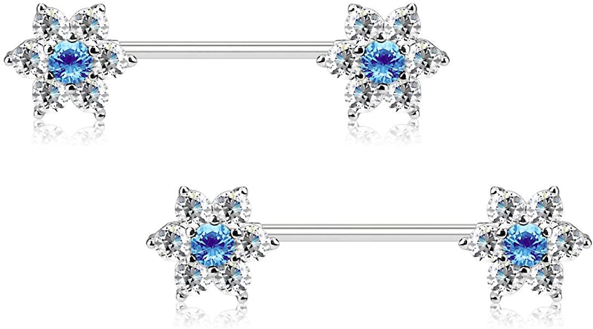 7-CZ Posh Flower Nipple Barbells Forbidden Body Jewelry Pair of Surgical Steel 5/8 Inch 16mm