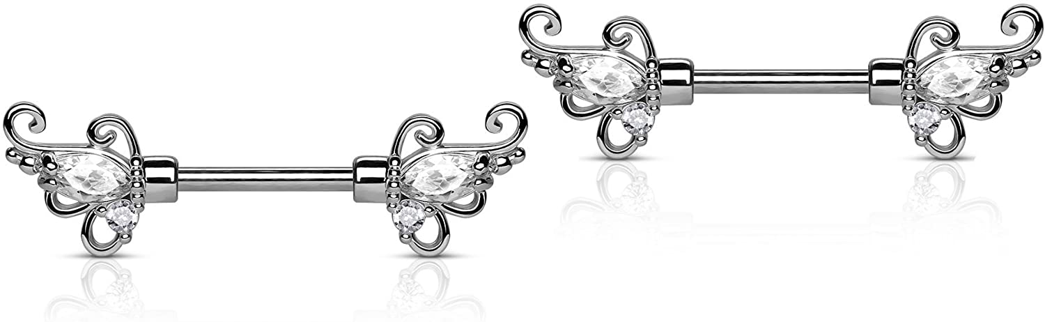 Pair 14g 3/4" 316L Surgical Steel with 6mm Double Clear CZ Nipple Barbells Ring 